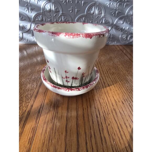 4" Wine Sponge Paint Hand Painted Floral 4" Planter Pot W/saucer - Picture 5 of 6
